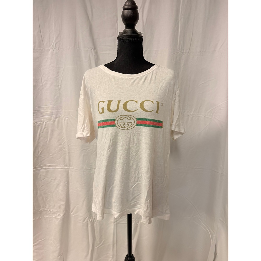 Gucci Logo T-Shirt Womens White Vintage Web Stripe Short Sleeve Made in Italy